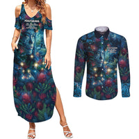 New Zealand Matariki Pohutukawa Couples Matching Summer Maxi Dress and Long Sleeve Button Shirt Te Mauri te Ora LT9 Art - Polynesian Pride