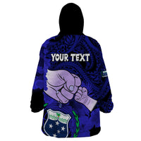 Personalised Dads Day Samoa Wearable Blanket Hoodie Dad Ou Te Alofa Ia Te Oe Tama - Blue Polynesian Flowers Tribal LT9 - Polynesian Pride