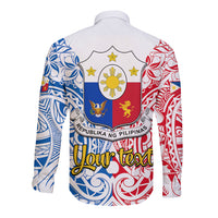 Personalised 125th Independence Anniversary Philippines Long Sleeve Button Shirt Polynesian Pilipinas Flag Style - White LT9 - Polynesian Pride