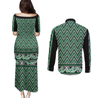 New Zealand Maori Niho Taniwha Couples Matching Puletasi and Long Sleeve Button Shirt Kakariki Mangopare and Puhoro Pattern LT9 - Polynesian Pride