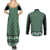 New Zealand Maori Niho Taniwha Couples Matching Summer Maxi Dress and Long Sleeve Button Shirt Kakariki Mangopare and Puhoro Pattern LT9 - Polynesian Pride