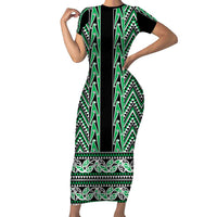 New Zealand Maori Niho Taniwha Family Matching Short Sleeve Bodycon Dress and Hawaiian Shirt Kakariki Mangopare and Puhoro Pattern