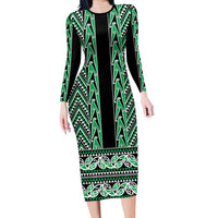 New Zealand Maori Niho Taniwha Long Sleeve Bodycon Dress Kakariki Mangopare and Puhoro Pattern