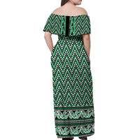 New Zealand Maori Niho Taniwha Off Shoulder Maxi Dress Kakariki Mangopare and Puhoro Pattern