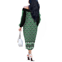 New Zealand Maori Niho Taniwha Off The Shoulder Long Sleeve Dress Kakariki Mangopare and Puhoro Pattern