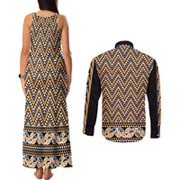 New Zealand Maori Niho Taniwha Couples Matching Tank Maxi Dress and Long Sleeve Button Shirt Karaka Mangopare and Puhoro Pattern LT9 - Polynesian Pride