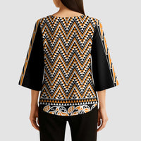 New Zealand Maori Niho Taniwha Kimono Sleeve Blouse Karaka Mangopare and Puhoro Pattern - Polynesian Pride