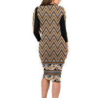 New Zealand Maori Niho Taniwha Long Sleeve Bodycon Dress Karaka Mangopare and Puhoro Pattern