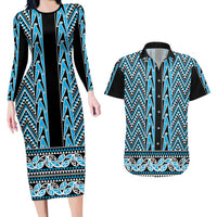New Zealand Maori Niho Taniwha Couples Matching Long Sleeve Bodycon Dress and Hawaiian Shirt Kikorangi Mangopare and Puhoro Pattern