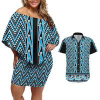 New Zealand Maori Niho Taniwha Couples Matching Off Shoulder Short Dress and Hawaiian Shirt Kikorangi Mangopare and Puhoro Pattern
