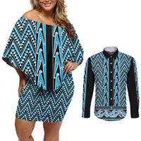 New Zealand Maori Niho Taniwha Couples Matching Off Shoulder Short Dress and Long Sleeve Button Shirt Kikorangi Mangopare and Puhoro Pattern LT9 Blue - Polynesian Pride