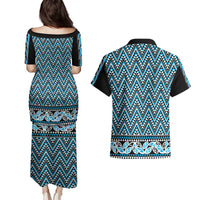 New Zealand Maori Niho Taniwha Couples Matching Puletasi and Hawaiian Shirt Kikorangi Mangopare and Puhoro Pattern LT9 - Polynesian Pride