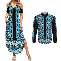 New Zealand Maori Niho Taniwha Couples Matching Summer Maxi Dress and Long Sleeve Button Shirt Kikorangi Mangopare and Puhoro Pattern LT9 Blue - Polynesian Pride