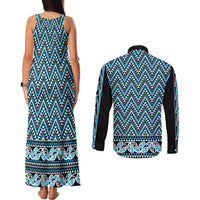 New Zealand Maori Niho Taniwha Couples Matching Tank Maxi Dress and Long Sleeve Button Shirt Kikorangi Mangopare and Puhoro Pattern LT9 - Polynesian Pride