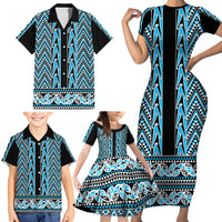 New Zealand Maori Niho Taniwha Family Matching Short Sleeve Bodycon Dress and Hawaiian Shirt Kikorangi Mangopare and Puhoro Pattern