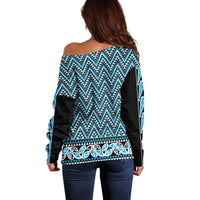 New Zealand Maori Niho Taniwha Off Shoulder Sweater Kikorangi Mangopare and Puhoro Pattern
