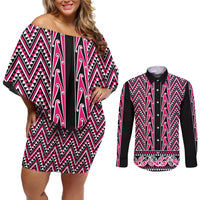 New Zealand Maori Niho Taniwha Couples Matching Off Shoulder Short Dress and Long Sleeve Button Shirt Mawhero Mangopare and Puhoro Pattern LT9 Pink - Polynesian Pride