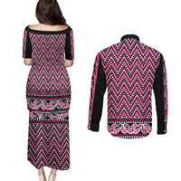 New Zealand Maori Niho Taniwha Couples Matching Puletasi and Long Sleeve Button Shirt Mawhero Mangopare and Puhoro Pattern LT9 - Polynesian Pride