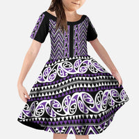 New Zealand Maori Niho Taniwha Family Matching Puletasi and Hawaiian Shirt Waiporopo Mangopare and Puhoro Pattern LT9 Daughter's Dress Purple - Polynesian Pride