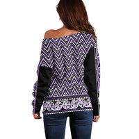 New Zealand Maori Niho Taniwha Off Shoulder Sweater Waiporopo Mangopare and Puhoro Pattern