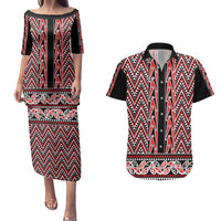 New Zealand Maori Niho Taniwha Couples Matching Puletasi and Hawaiian Shirt Whero Mangopare and Puhoro Pattern LT9 Red - Polynesian Pride