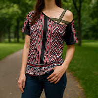 New Zealand Maori Niho Taniwha Cross Shoulder Shirt Whero Mangopare and Puhoro Pattern - Polynesian Pride