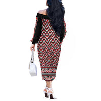 New Zealand Maori Niho Taniwha Off The Shoulder Long Sleeve Dress Whero Mangopare and Puhoro Pattern