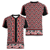 New Zealand Maori Niho Taniwha Women V-Neck T-Shirt Whero Mangopare and Puhoro Pattern LT9 - Polynesian Pride