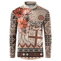 Vintage Bula Fiji Personalised Button Sweatshirt Beige Hibiscus Tapa Pattern