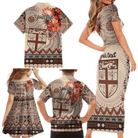 Vintage Bula Fiji Personalised Family Matching Short Sleeve Bodycon Dress and Hawaiian Shirt Beige Hibiscus Tapa Pattern