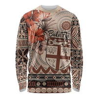 Vintage Bula Fiji Personalised Long Sleeve Shirt Beige Hibiscus Tapa Pattern LT9 Unisex Beige - Polynesian Pride