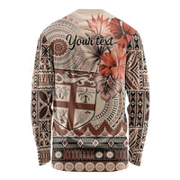 Vintage Bula Fiji Personalised Long Sleeve Shirt Beige Hibiscus Tapa Pattern LT9 - Polynesian Pride