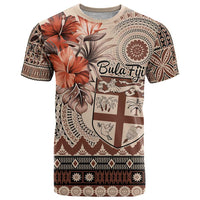 Vintage Bula Fiji Personalised T Shirt Beige Hibiscus Tapa Pattern LT9 Beige - Polynesian Pride