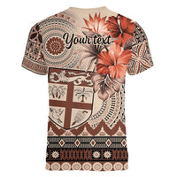 Vintage Bula Fiji Personalised Women V-Neck T-Shirt Beige Hibiscus Tapa Pattern