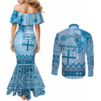 Vintage Bula Fiji Personalised Couples Matching Mermaid Dress and Long Sleeve Button Shirt Blue Hibiscus Tapa Pattern
