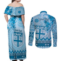 Vintage Bula Fiji Personalised Couples Matching Off Shoulder Maxi Dress and Long Sleeve Button Shirt Blue Hibiscus Tapa Pattern