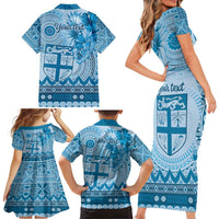 Vintage Bula Fiji Personalised Family Matching Short Sleeve Bodycon Dress and Hawaiian Shirt Blue Hibiscus Tapa Pattern