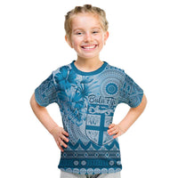 Vintage Bula Fiji Personalised Kid T Shirt Blue Hibiscus Tapa Pattern LT9 Blue - Polynesian Pride