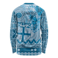 Vintage Bula Fiji Personalised Long Sleeve Shirt Blue Hibiscus Tapa Pattern LT9 - Polynesian Pride