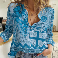 Vintage Bula Fiji Personalised Women Casual Shirt Blue Hibiscus Tapa Pattern