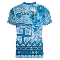 Vintage Bula Fiji Personalised Women V-Neck T-Shirt Blue Hibiscus Tapa Pattern
