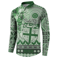 Vintage Bula Fiji Personalised Button Sweatshirt Green Hibiscus Tapa Pattern