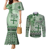 Vintage Bula Fiji Personalised Couples Matching Mermaid Dress and Long Sleeve Button Shirt Green Hibiscus Tapa Pattern