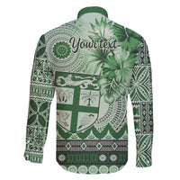 Vintage Bula Fiji Personalised Family Matching Off The Shoulder Long Sleeve Dress and Hawaiian Shirt Green Hibiscus Tapa Pattern