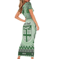 Vintage Bula Fiji Personalised Family Matching Short Sleeve Bodycon Dress and Hawaiian Shirt Green Hibiscus Tapa Pattern