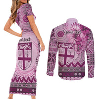 Vintage Bula Fiji Personalised Couples Matching Short Sleeve Bodycon Dress and Long Sleeve Button Shirt Pink Hibiscus Tapa Pattern