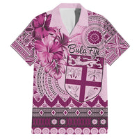 Vintage Bula Fiji Personalised Family Matching Off The Shoulder Long Sleeve Dress and Hawaiian Shirt Pink Hibiscus Tapa Pattern