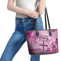Vintage Bula Fiji Personalised Leather Tote Bag Pink Hibiscus Tapa Pattern LT9