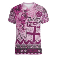 Vintage Bula Fiji Personalised Women V-Neck T-Shirt Pink Hibiscus Tapa Pattern