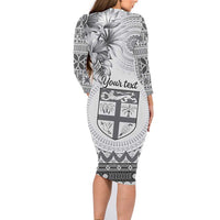 Vintage Bula Fiji Personalised Family Matching Long Sleeve Bodycon Dress and Hawaiian Shirt Beige Hibiscus Tapa Pattern